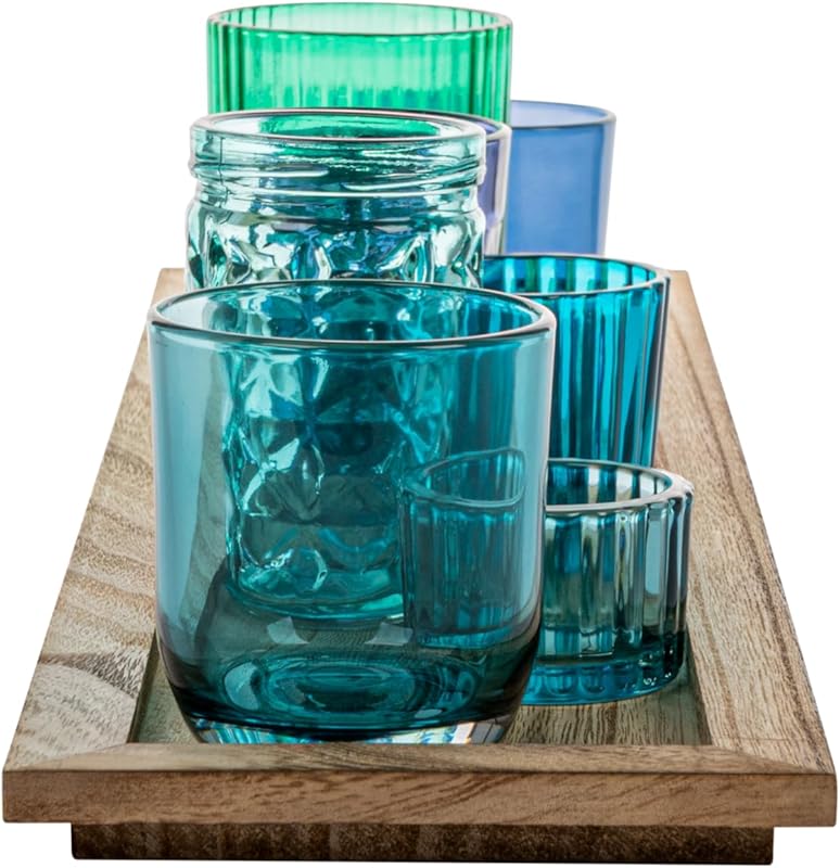 Wood Tray with 9 Blue Green Glass Votive Holders