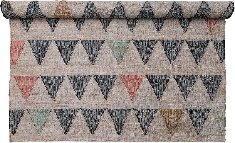 Boho Woven Jute and Cotton Rug with Triangle Pattern Multicolor
