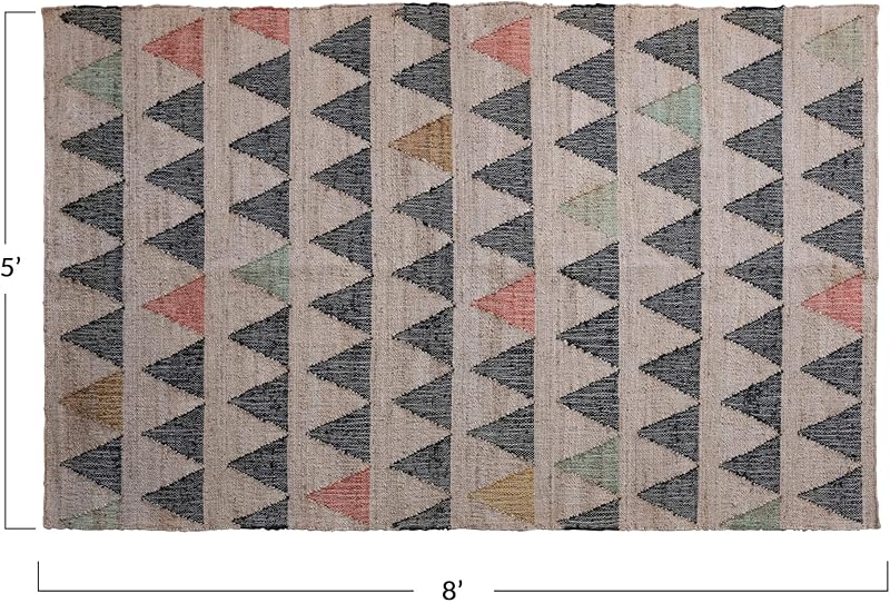 Boho Woven Jute and Cotton Rug with Triangle Pattern Multicolor