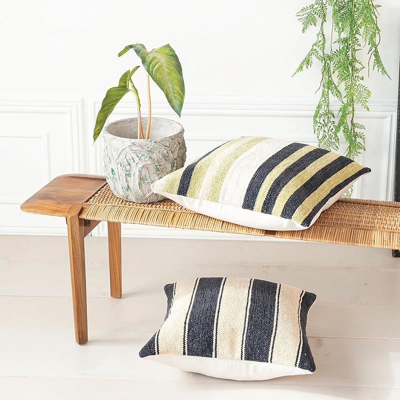 Multicolor Square Woven Cotton Blend Chenille Pillow with Stripes