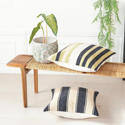 Multicolor Square Woven Cotton Blend Chenille Pillow with Stripes