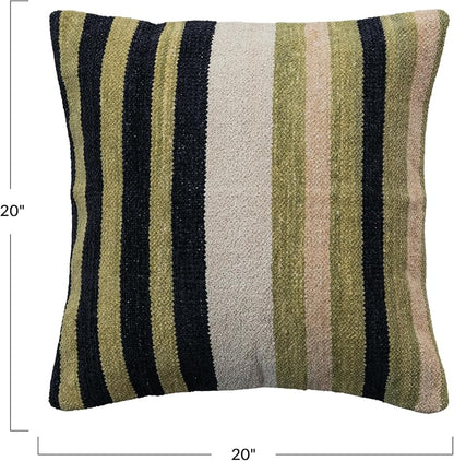 Multicolor Square Woven Cotton Blend Chenille Pillow with Stripes