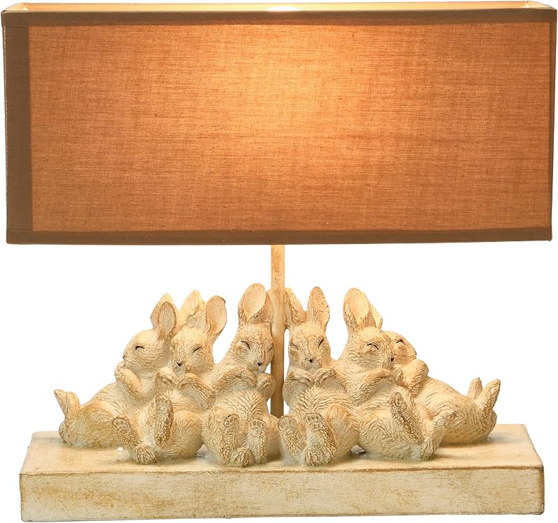 Whitewashed Rabbit Table Lamp with Sand Colored Linen Shade
