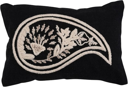 Woven Cotton Slub Lumbar Pillow with Embroidered Paisley