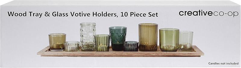 Wood Tray with 9 Green Glass Votive Holders