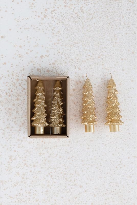 Unscented Tree Shaped Taper Candles Gold Boxed Set Of 2
