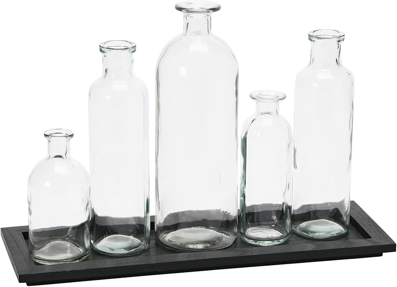 Wood Tray with Vintage Glass Bottle Vases Black Set of 5 Sizes
