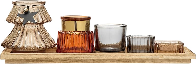 Wood Tray with 5 Glass Tealight Votive Holders Multi Color Set of 6