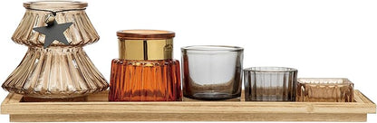 Wood Tray with 5 Glass Tealight Votive Holders Multi Color Set of 6