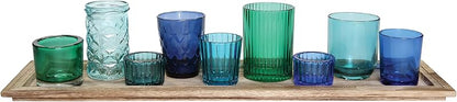 Wood Tray with 9 Blue Green Glass Votive Holders