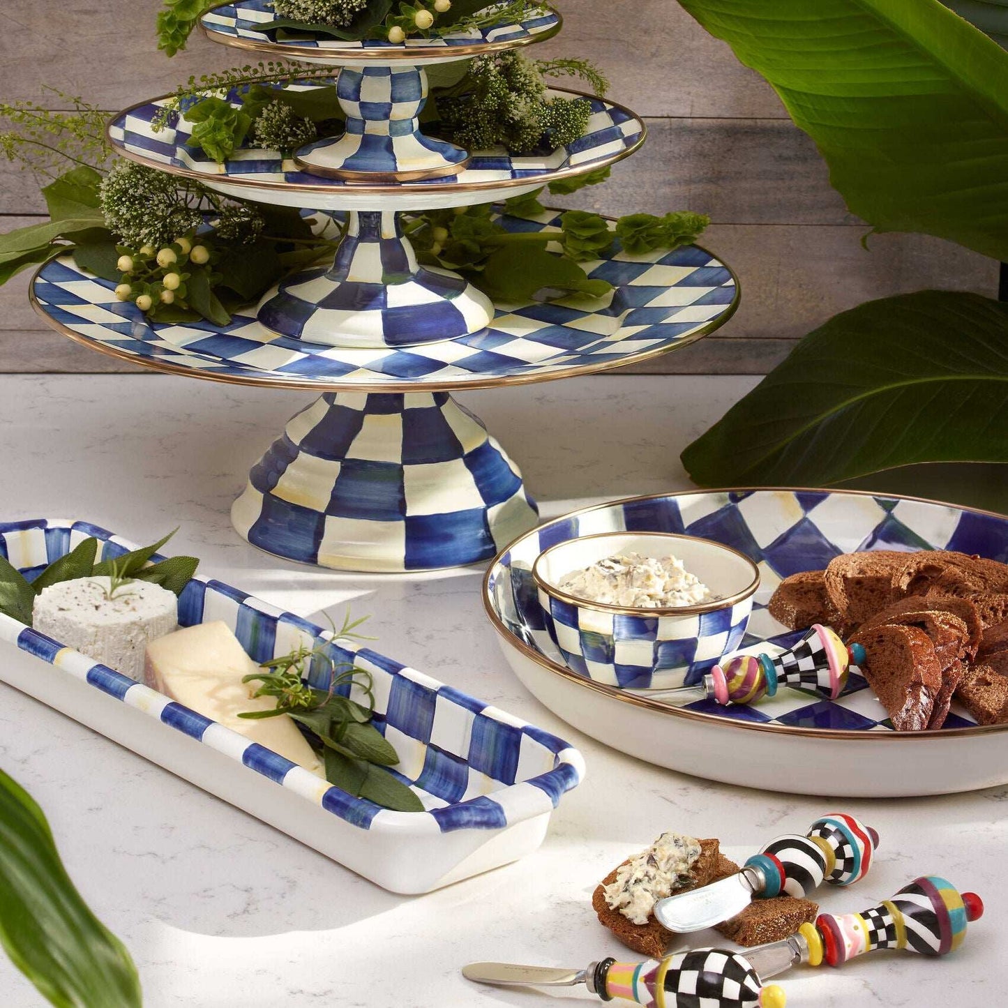 Luxury Royal Check Enamel Dining Pedestal Platter - Small