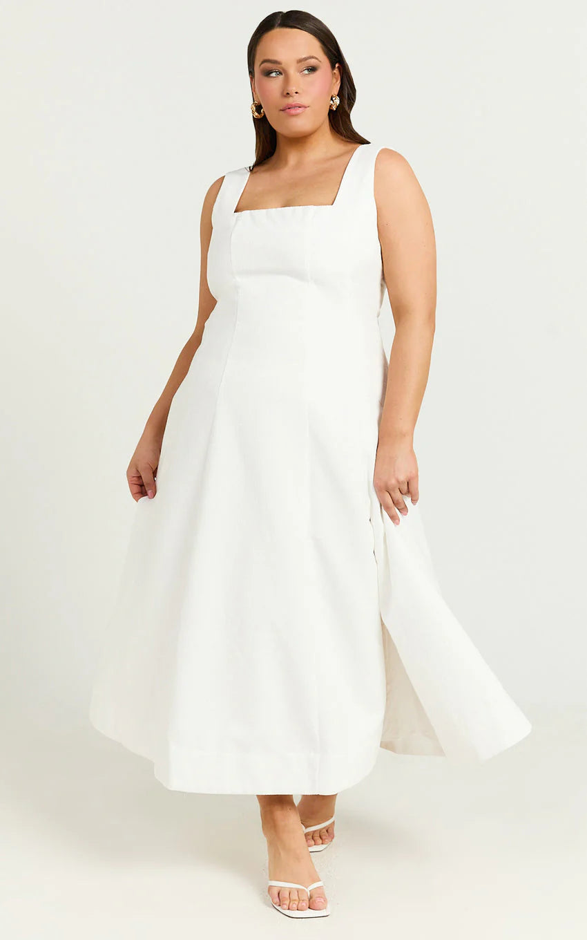 Walters Midi Dress - Square Neck Shirred Back Fit and Flare Panel Dress in White
