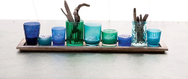 Wood Tray with 9 Blue Green Glass Votive Holders
