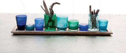 Wood Tray with 9 Blue Green Glass Votive Holders