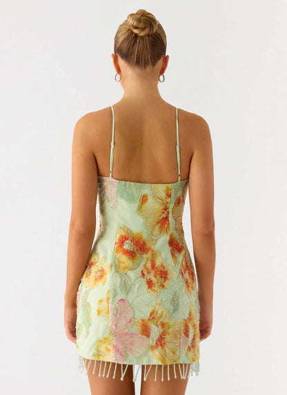 Gatiana Beaded Sequin Mini Dress - Green Floral Beaded