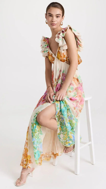 Bloomelia | Floral Print & Ruffles Maxi Dress