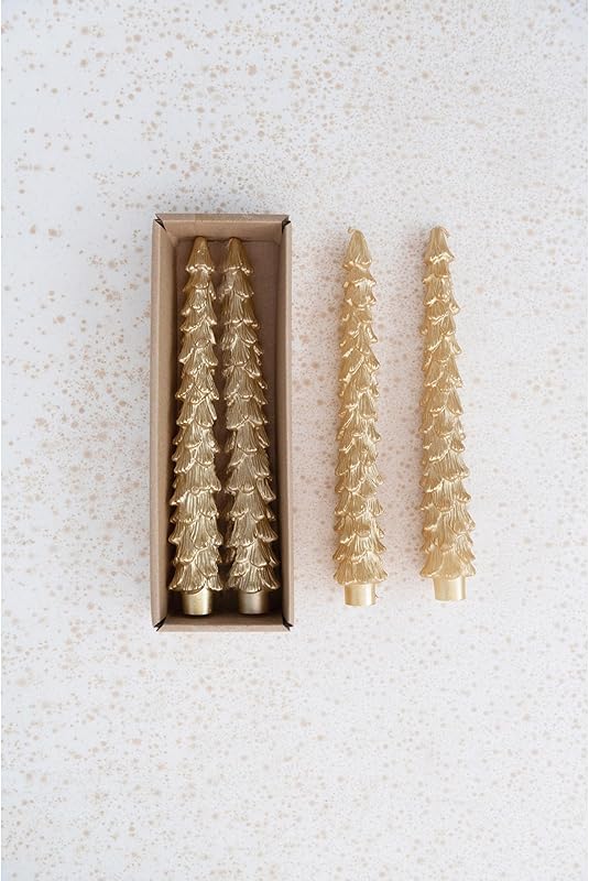 Unscented Tree Shaped Taper Candles Gold Boxed Set of 2