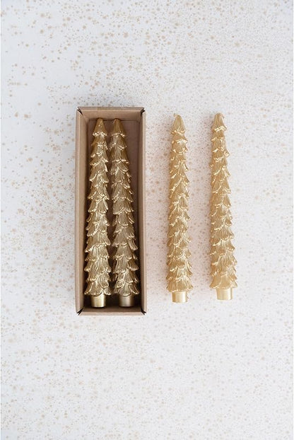 Unscented Tree Shaped Taper Candles Gold Boxed Set of 2