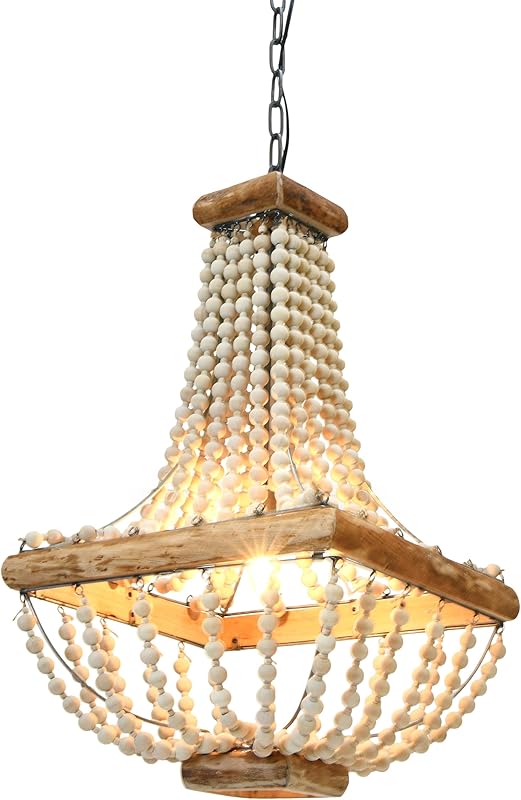 Wood Metal Framed Chandelier with Wood Bead Draping