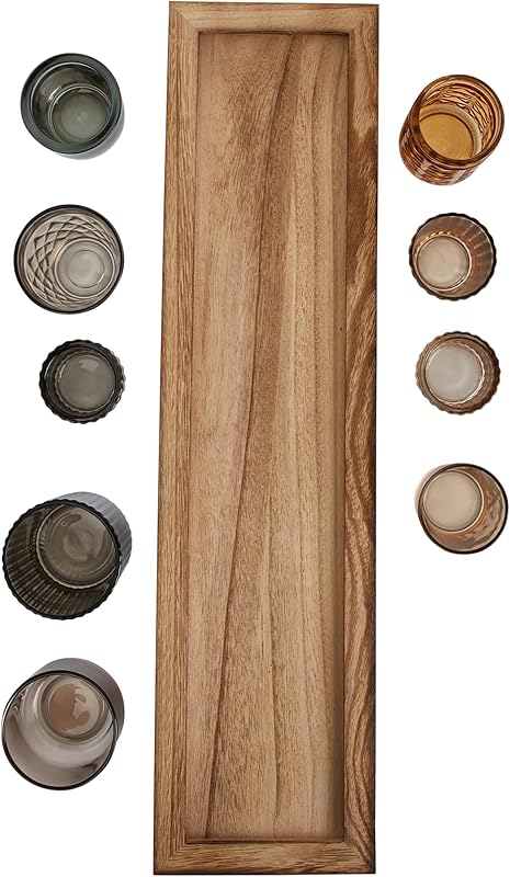 Wood Tray with 9 Brown Glass Votive Holders Set of 10 Pieces