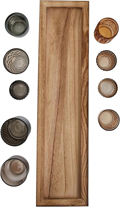 Wood Tray with 9 Brown Glass Votive Holders Set of 10 Pieces
