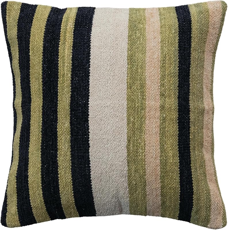 Multicolor Square Woven Cotton Blend Chenille Pillow with Stripes