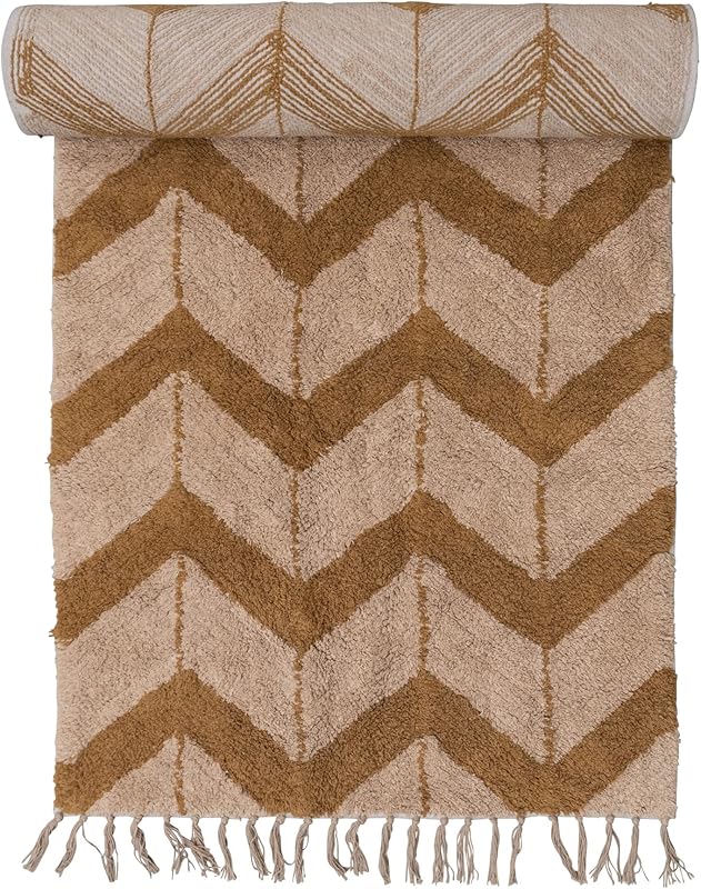 Cotton Tufted Floor Runner with Chevron Pattern and Fringe Brown and Beige