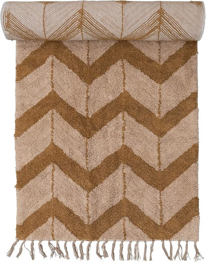 Cotton Tufted Floor Runner with Chevron Pattern and Fringe Brown and Beige