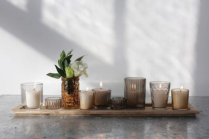 Wood Tray with 9 Brown Glass Votive Holders Set of 10 Pieces