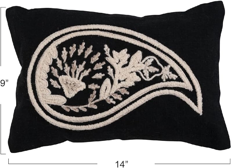 Woven Cotton Slub Lumbar Pillow with Embroidered Paisley