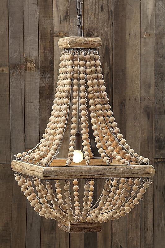 Wood Metal Framed Chandelier with Wood Bead Draping