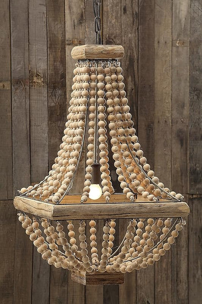 Wood Metal Framed Chandelier with Wood Bead Draping