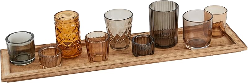 Wood Tray with 9 Brown Glass Votive Holders Set of 10 Pieces