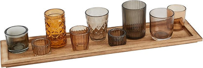 Wood Tray with 9 Brown Glass Votive Holders Set of 10 Pieces