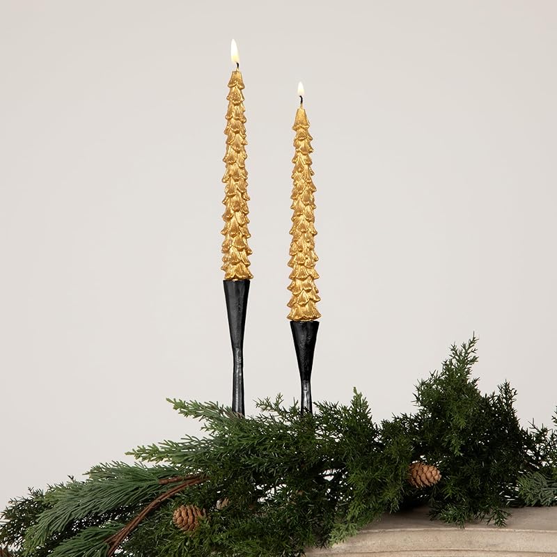 Unscented Tree Shaped Taper Candles Gold Boxed Set of 2