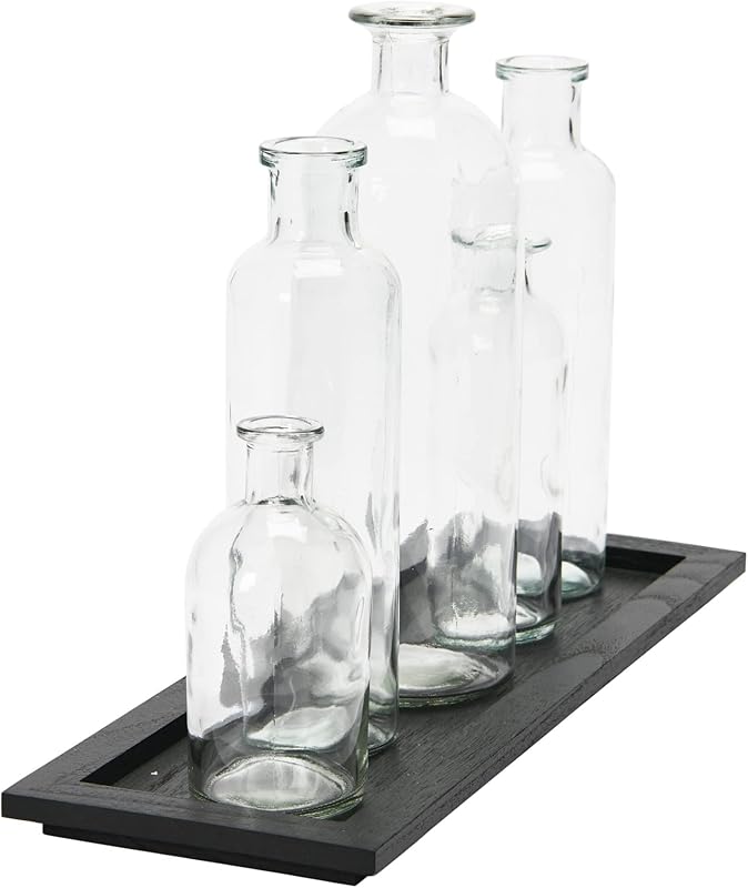 Wood Tray with Vintage Glass Bottle Vases Black Set of 5 Sizes