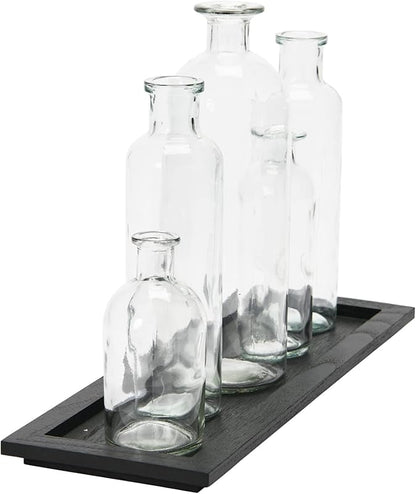 Wood Tray with Vintage Glass Bottle Vases Black Set of 5 Sizes