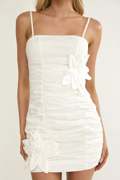 Mirisa Flower Accent Smocked Mini Dress White