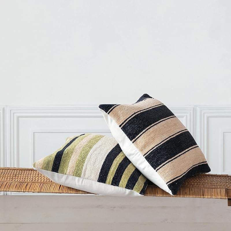 Multicolor Square Woven Cotton Blend Chenille Pillow with Stripes