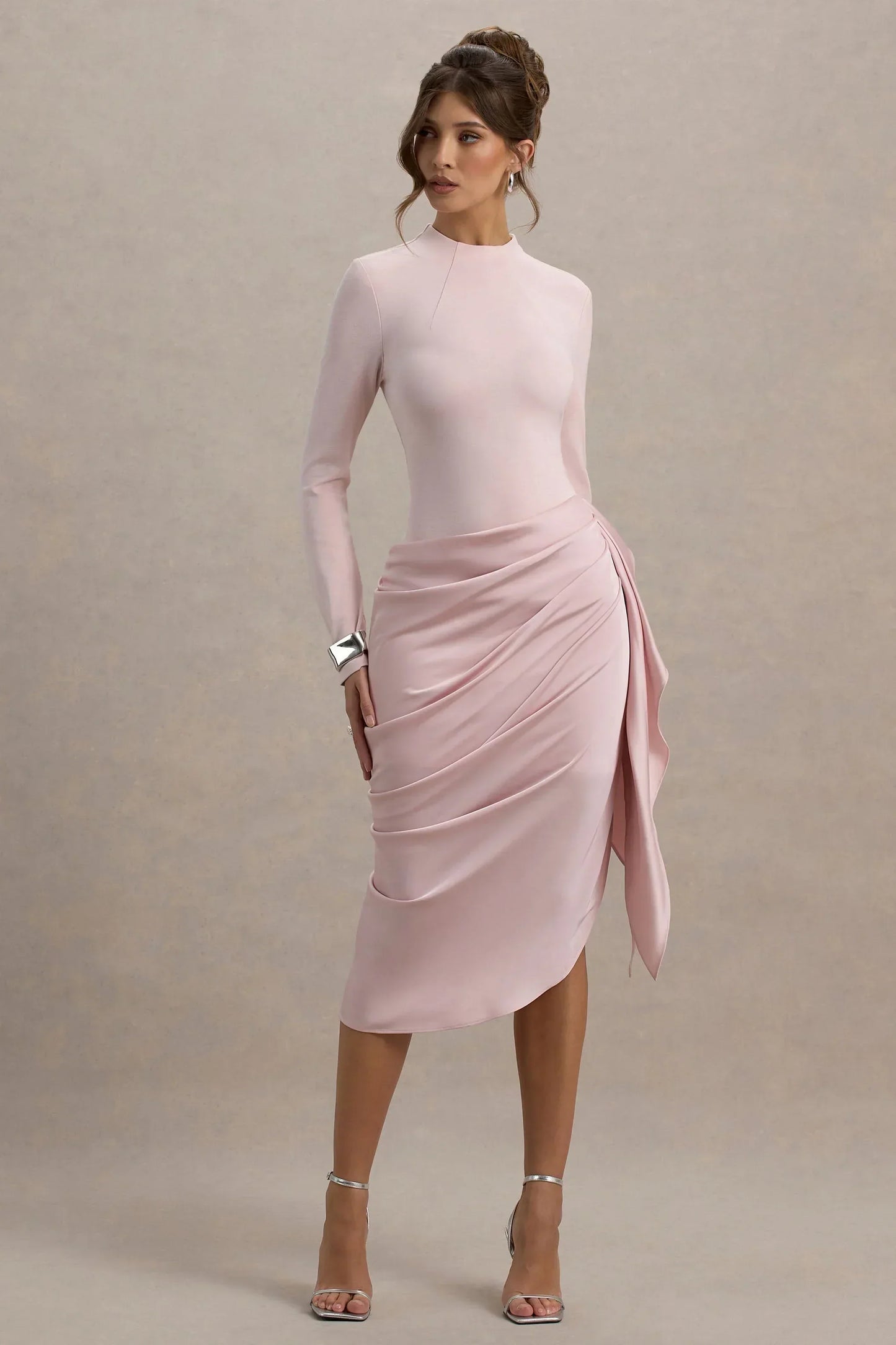 Raffie | Pink Long-Sleeve Midi Dress With Satin Wrap Skirt