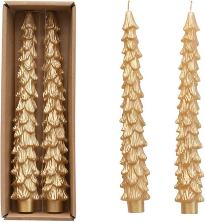 Unscented Tree Shaped Taper Candles Gold Boxed Set of 2