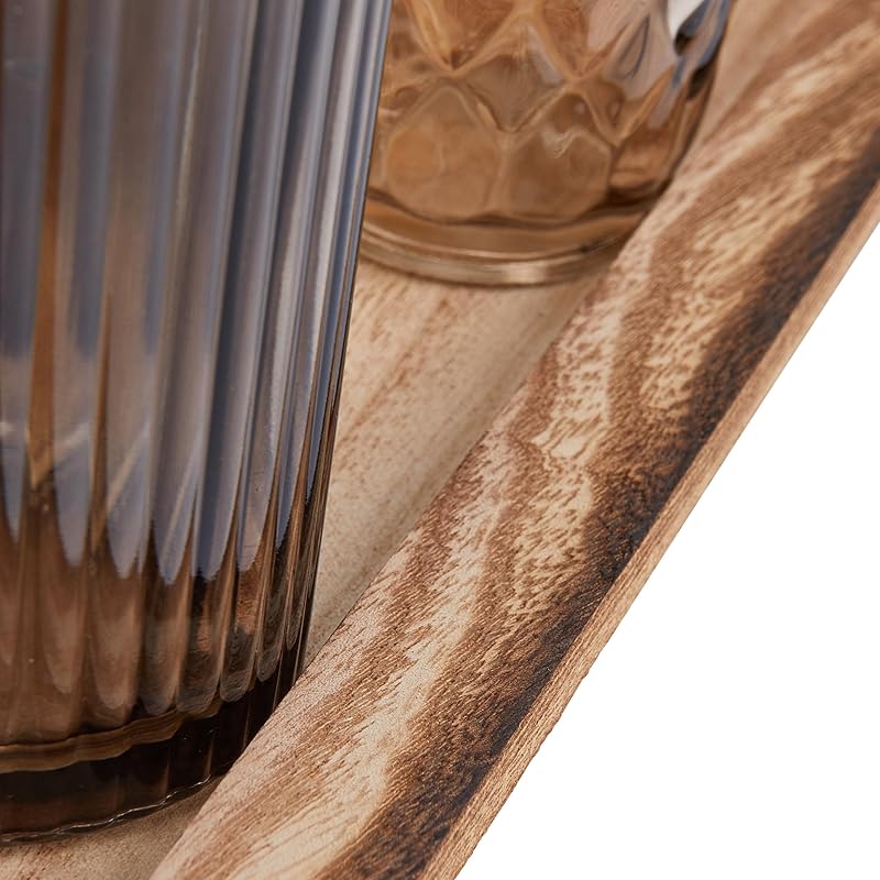 Wood Tray with 9 Brown Glass Votive Holders Set of 10 Pieces