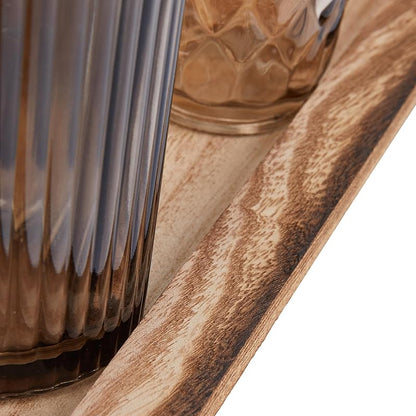 Wood Tray with 9 Brown Glass Votive Holders Set of 10 Pieces