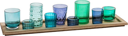 Wood Tray with 9 Blue Green Glass Votive Holders
