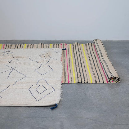 Boho Woven Cotton Moroccan Design and Tassels White and Blue Rug Ivory