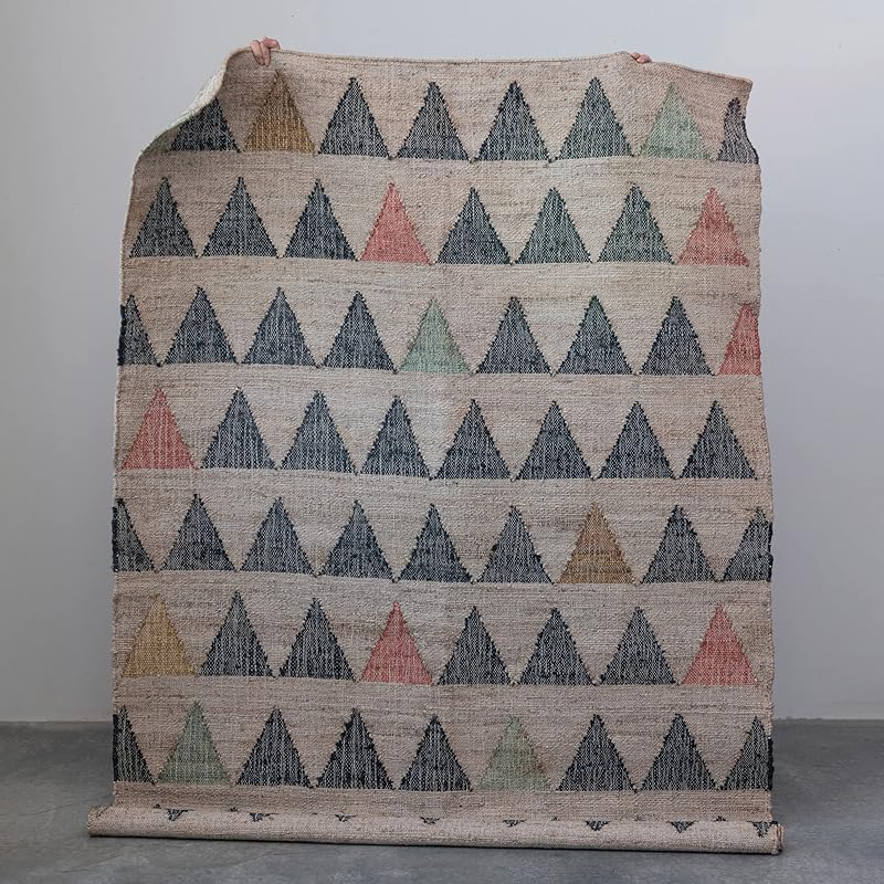 Boho Woven Jute and Cotton Rug with Triangle Pattern Multicolor
