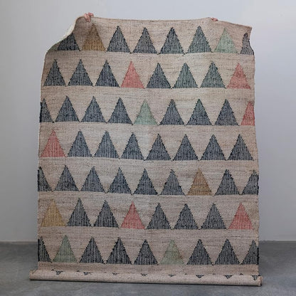 Boho Woven Jute and Cotton Rug with Triangle Pattern Multicolor