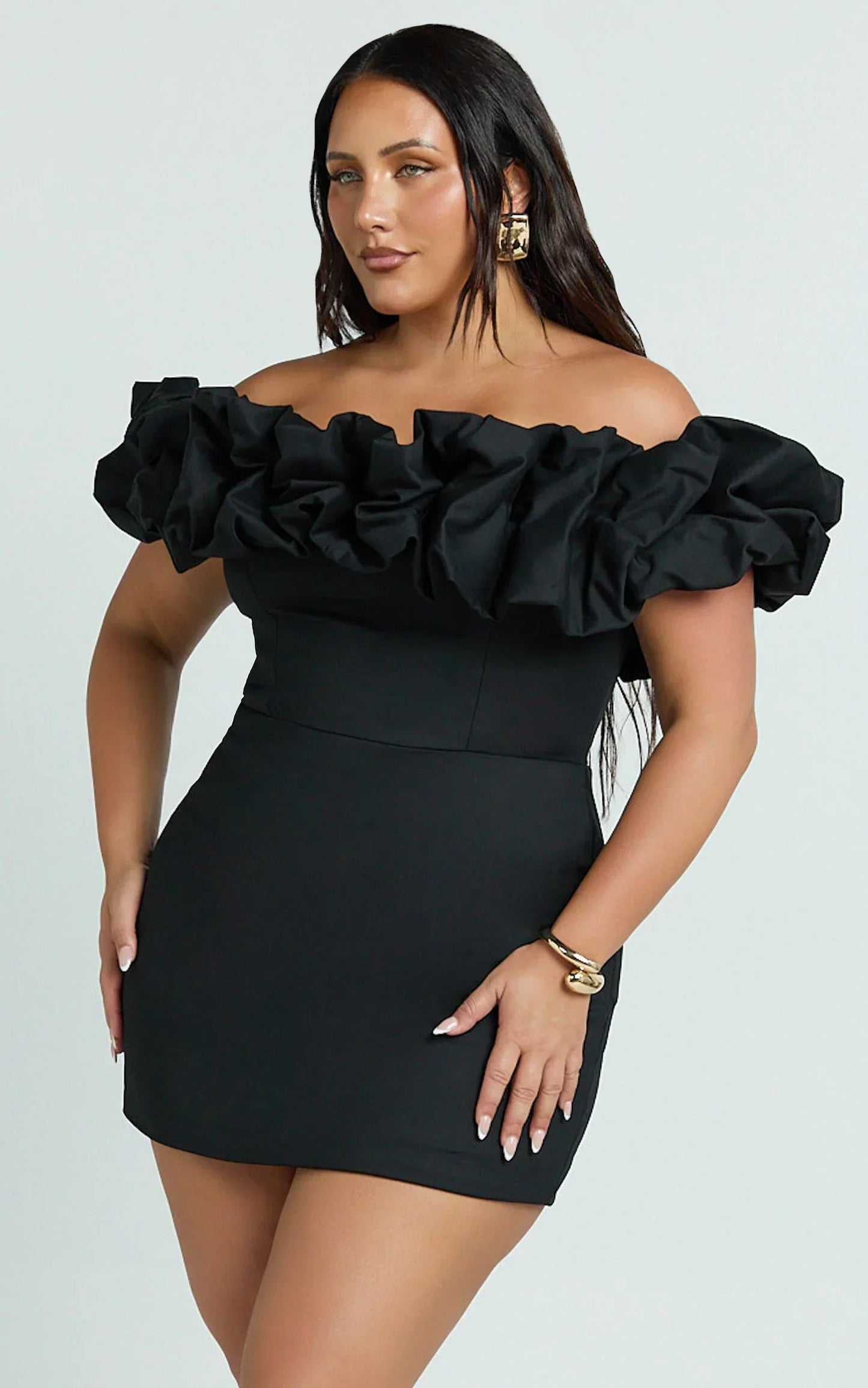 Coraline Mini Dress - Ruffle Off Shoulder Fitted Dress in Black