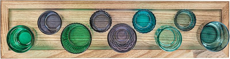 Wood Tray with 9 Blue Green Glass Votive Holders