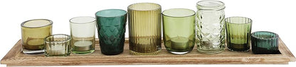 Wood Tray with 9 Green Glass Votive Holders